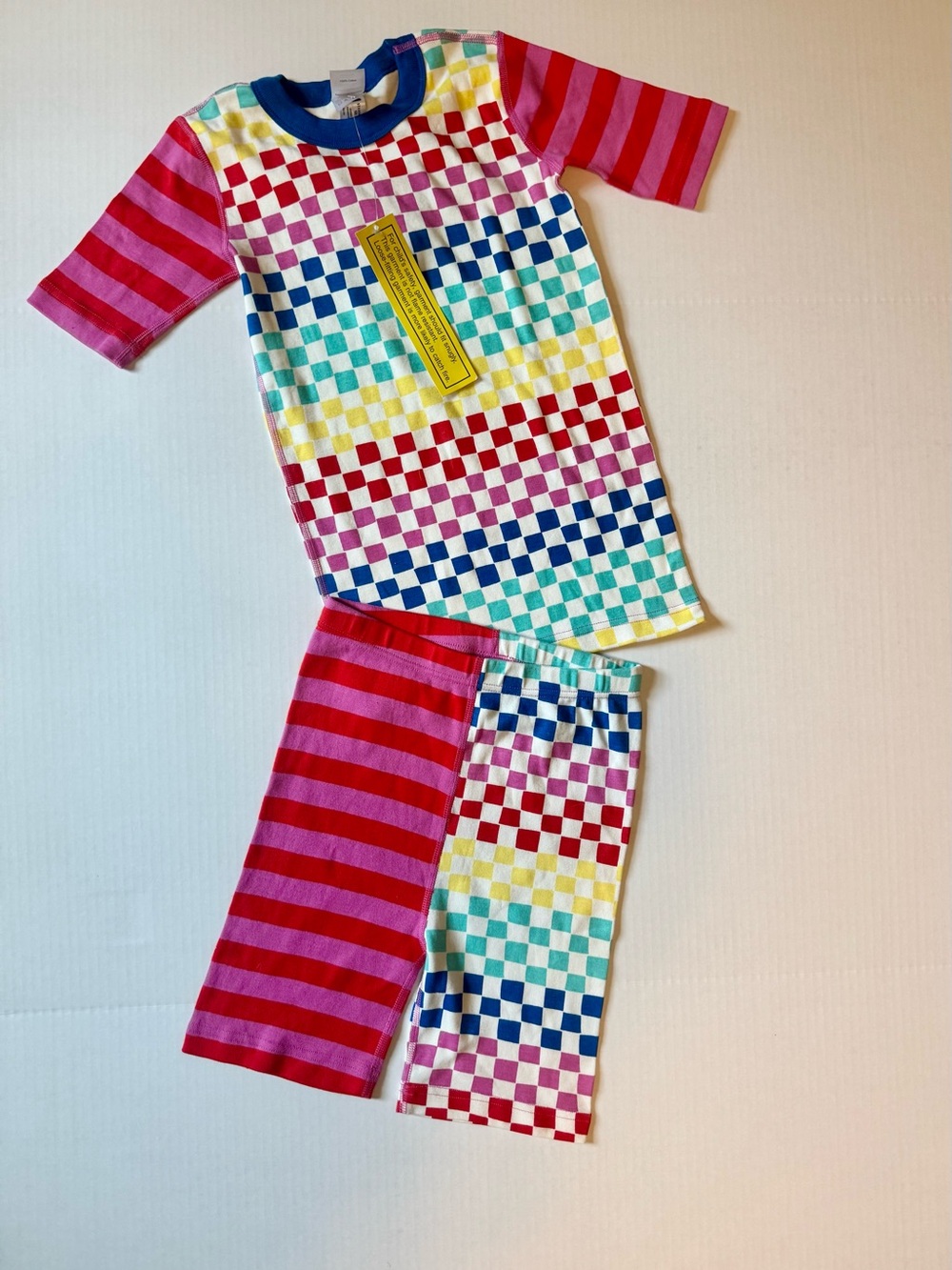 Hannah Anderson Kids Rainbow Check & Pink Stripe short john Pajama Set